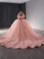 Flower Fairy Luxury / Gorgeous Blushing Pink Pearl Lace Flower Prom Dresses 2024 Ball Gown Off-The-Shoulder Short Sleeve Backless Chapel Train Prom Formal Dresses