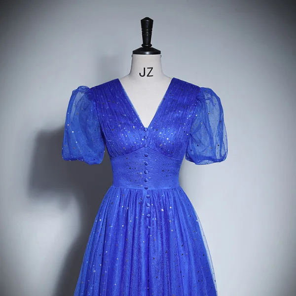Vintage / Originale Bleu Roi Paillettes Robe De Bal 2023 Princesse V-Cou Manches Courtes Dos Nu Longue Promo Robe De Ceremonie