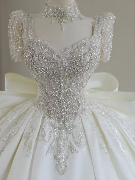 Femmes Perles Ivoire Robe de mariée avec manches A-Line Tulle Robe de mariée sans dos – FR