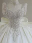 Vintage / Retro Ivory Beading Pearl Rhinestone Wedding Dresses 2024 Ball Gown Square Neckline Short Sleeve Backless Bow Royal Train Wedding