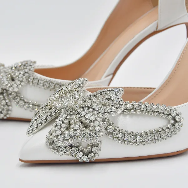 Charmant Weiß Leder Strass Schmetterling Brautschuhe 2022 Spitzschuh 10 cm Stilettos Hochzeit Hochhackige