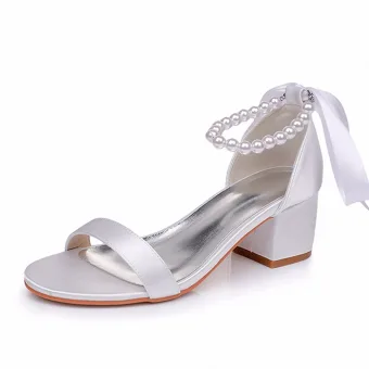 Sexy Blanche Perle Bride Cheville Noeud Chaussure De Mariée 2024 5 Cm Talons Épais Peep Toes Bout Ouvert Mariage Sandales Talons Hauts
