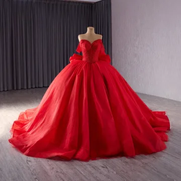 Luxus Herrlich Rot Handgefertigt Perlenstickerei Brautkleider Hochzeitskleider 2024 Ballkleid Off Shoulder Ärmellos Rückenfreies Schleife Kapelle Schleppe Hochzeit
