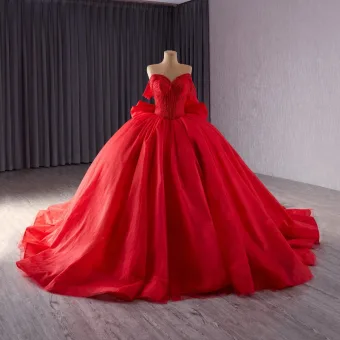 Magnífico Rojo Hecho A Mano Rebordear Vestidos De Novia 2024 Ball Gown Fuera Del Hombro Sin Mangas Sin Espalda Bowknot Chapel Train Boda