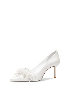 Élégant Blanche Satin Appliques Faux Diamant Chaussure De Mariée 2024 8 Cm Talons Aiguilles À Bout Pointu Mariage Escarpins Talons Hauts