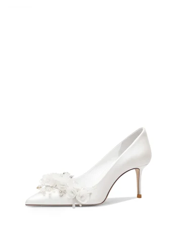 Élégant Blanche Satin Appliques Faux Diamant Chaussure De Mariée 2024 8 Cm Talons Aiguilles À Bout Pointu Mariage Escarpins Talons Hauts