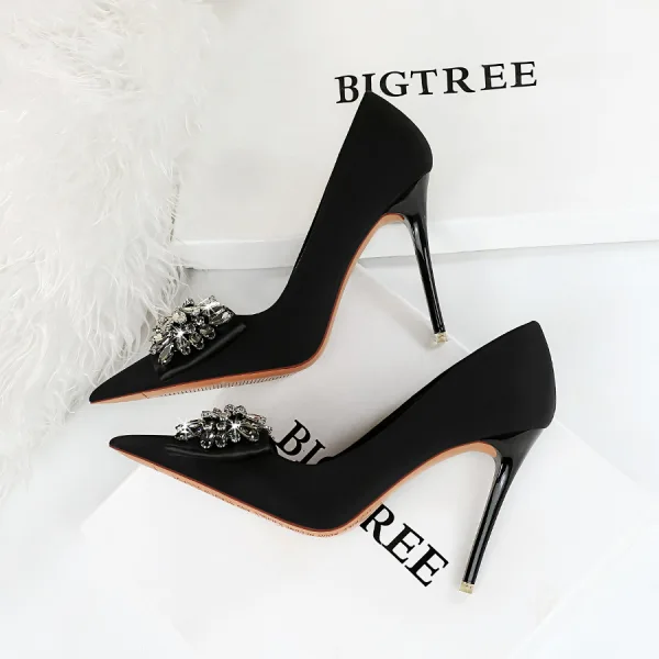 Snygga / Fina Svarta Rhinestone Afton Pumps 2023 10 cm Högklackade Spetsiga Pumps Stilettklackar