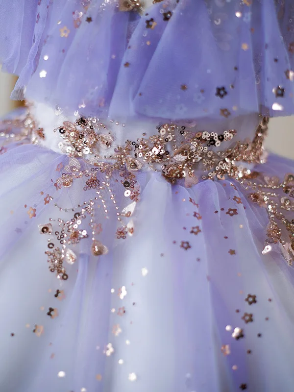 Fashion Lavender Beading Star Sequins Lace Flower Asymmetrical Birthday Flower Girl Dresses 2024 Ball Gown Scoop Neck Sleeveless Tulle
