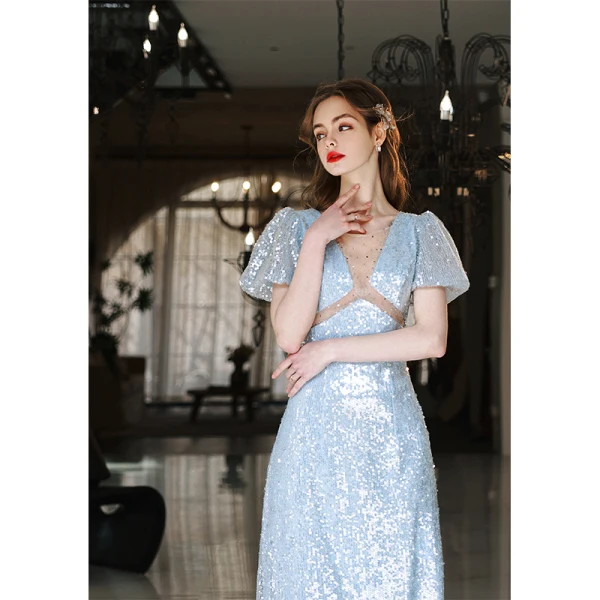 Sparkly Sky Blue Sequins Evening Dresses 2022 A-Line / Princess Scoop Neck Short Sleeve Floor-Length / Long Evening Party Formal Dresses