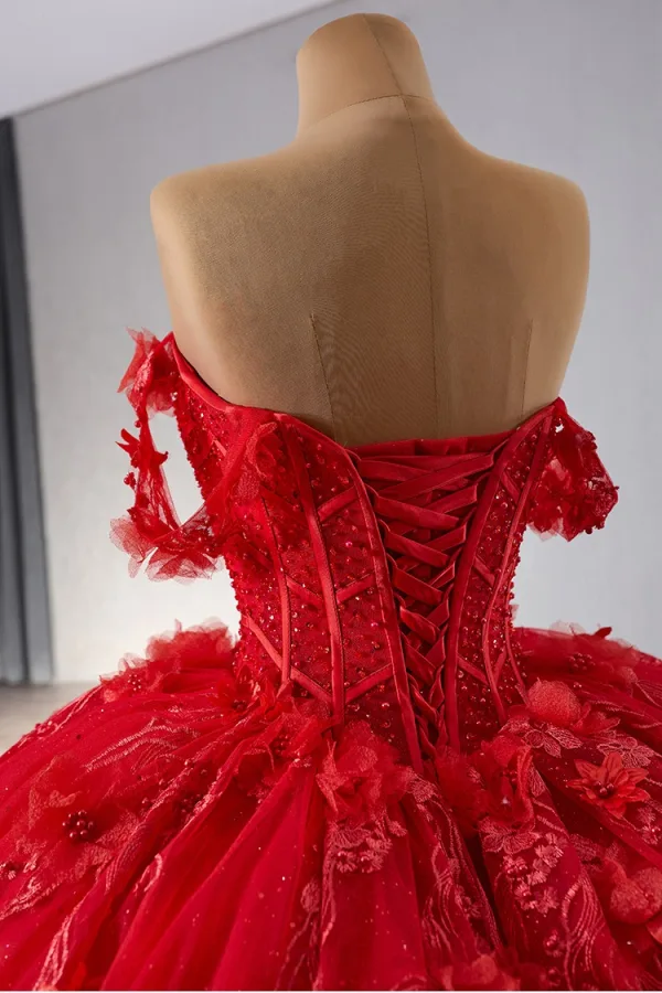 Haut de Gamme Rouge Perlage Perle Paillettes En Dentelle Fleur Appliques Robe De Bal 2024 Robe Boule De l'épaule Sans Manches Dos Nu Chapel Train Promo