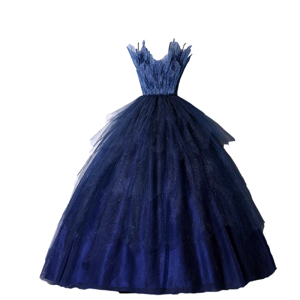 Charmant Marineblau Glanz Fallende Rüsche Ballkleider 2023 Ballkleid Spaghettiträger Ärmellos Rückenfreies Lange Ball Festliche Kleider