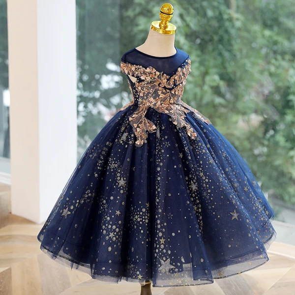Charming Navy Blue Beading Star Sequins Birthday Flower Girl Dresses 2023 Ball Gown Scoop Neck Sleeveless Floor-Length / Long Flower Girl Dresses