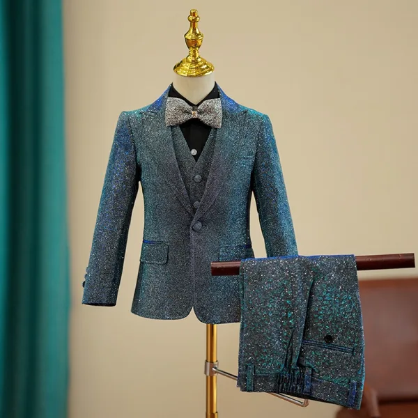 Fashion Navy Blue Glitter 5-piece Long Sleeve Boys Wedding Suits 2024 Coat Pants Shirt Tie Vest