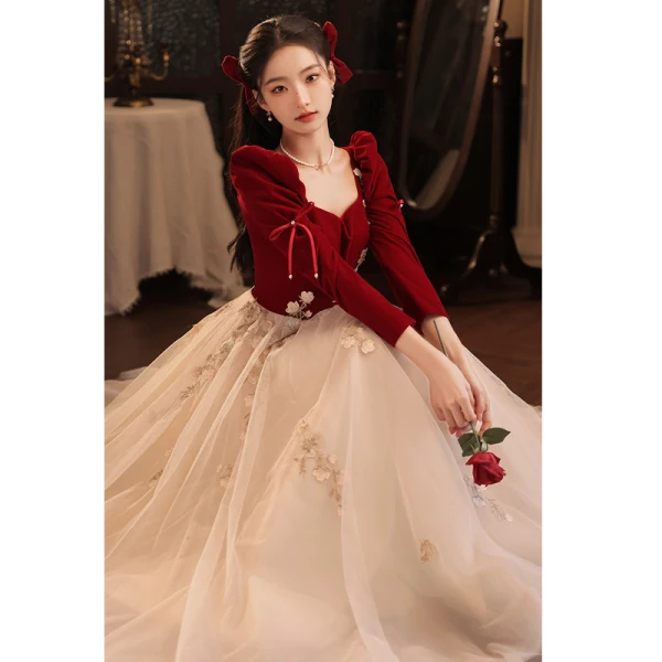 Chic / Beautiful Burgundy Beading Rhinestone Lace Flower Fall Winter Evening Dresses 2023 A-Line / Princess Square Neckline Long Sleeve Backless Bow Floor-Length / Long Evening Party