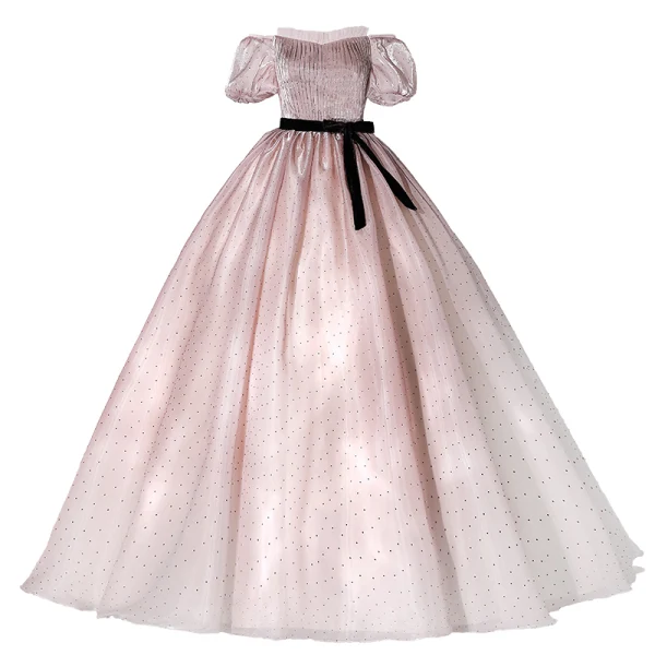 Élégant Rougissant Rose Tachetée Robe De Bal 2022 Robe Boule De l'épaule Gonflée Manches Courtes Dos Nu Ceinture Noeud Longue Robe De Ceremonie