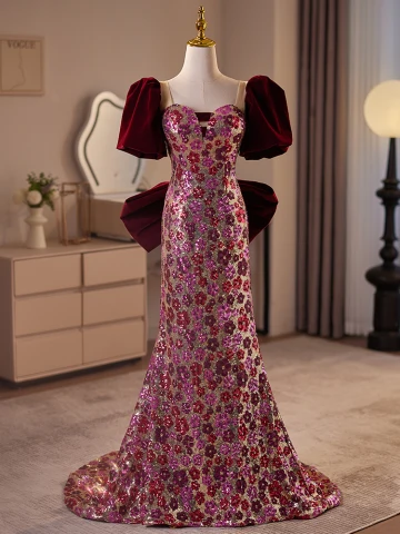 Scintillantes Bordeaux Paillettes Fleur Robe De Bal 2024 Trompette Sirène Encolure Carrée Manches Courtes Dos Nu Noeud Train De Balayage Promo Robe De Ceremonie