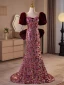 Scintillantes Bordeaux Paillettes Fleur Robe De Bal 2024 Trompette / Sirène Encolure Carrée Manches Courtes Dos Nu Noeud Train De Balayage Promo Robe De Ceremonie