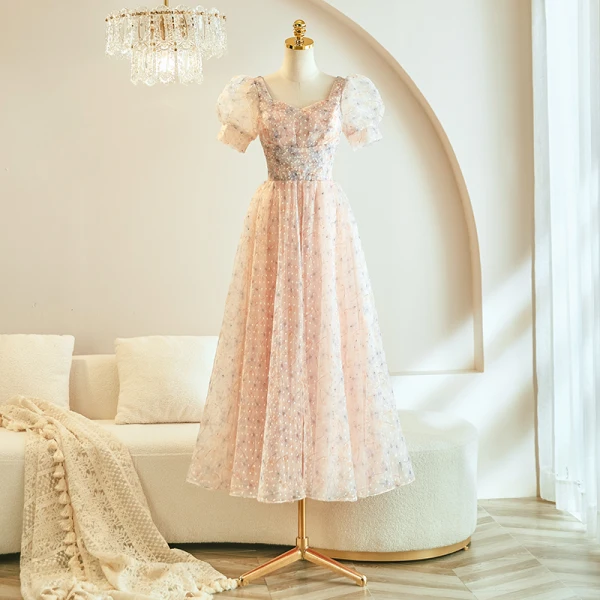 Chic / Beautiful Blushing Pink Beading Bridesmaid Dresses 2023 A-Line / Princess Short Sleeve Backless Sash Floor-Length / Long Bridesmaid Dresses