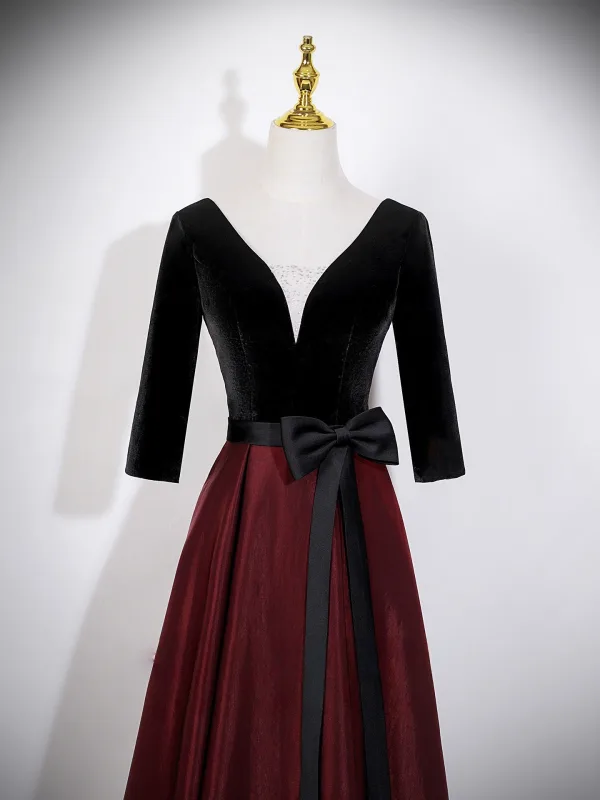 Vintage / Originale Bordeaux Noeud Ceinture Robe De Bal 2026 Princesse V-Cou 3/4 Manches Dos Nu