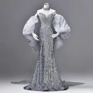 Sexy Sparkly Sølv Beading Paljetter Selskapskjoler 2026 Trompet Havfrue Kjæreste Puffy Korte Ermer Ryggløse Feie Tog Formelle Kjoler