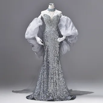 Sexy Scintillantes Argenté Perlage Paillettes Robe De Soirée 2026 Trompette Sirène Amoureux Gonflée Manches Courtes Dos Nu Train De Balayage Robe De Ceremonie
