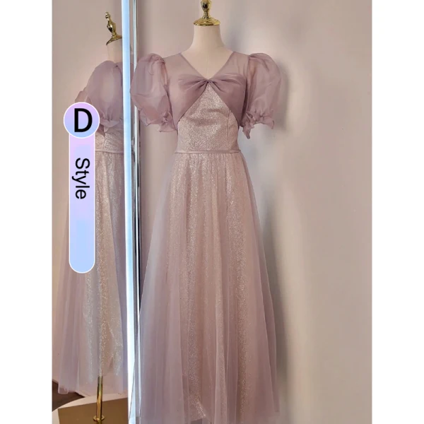 Chic / Beautiful Blushing Pink Glitter Bridesmaid Dresses 2023 A-Line / Princess Short Sleeve Backless Tea-length Bridesmaid Dresses