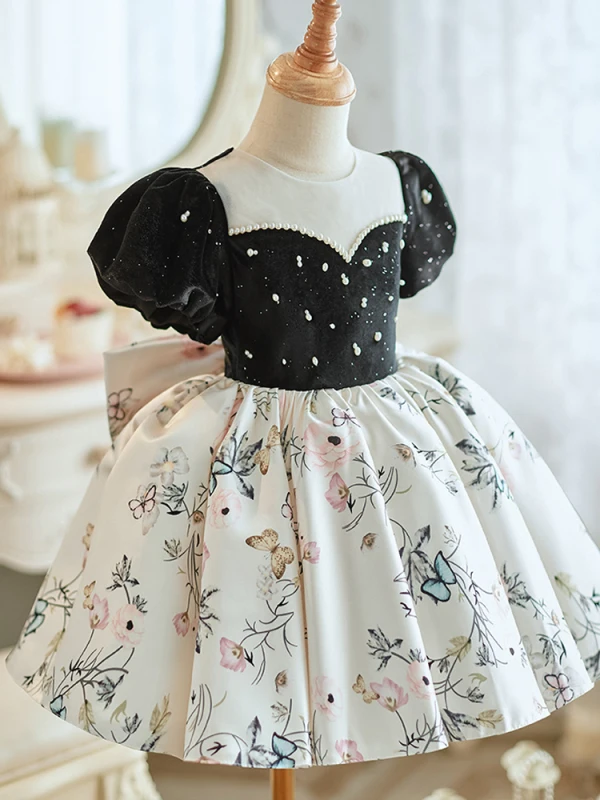 Chic / Beautiful Black Pearl Printing Birthday Flower Girl Dresses 2023 Ball Gown Scoop Neck Short Sleeve Bow Short