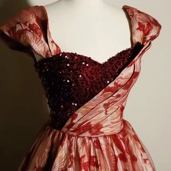 Elegant Burgundy Printing Sequins Prom Dresses 2023 Ball Gown Off-The-Shoulder Short Sleeve Backless Floor-Length / Long Formal Dresses