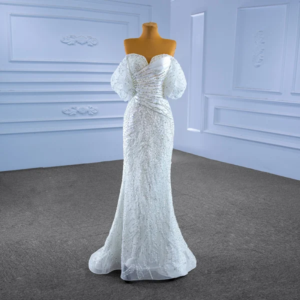 Charming White Trumpet / Mermaid Wedding Dresses 2022 Off-The-Shoulder Puffy Short Sleeve Backless Beading Pearl Sequins Floor-Length / Long Wedding