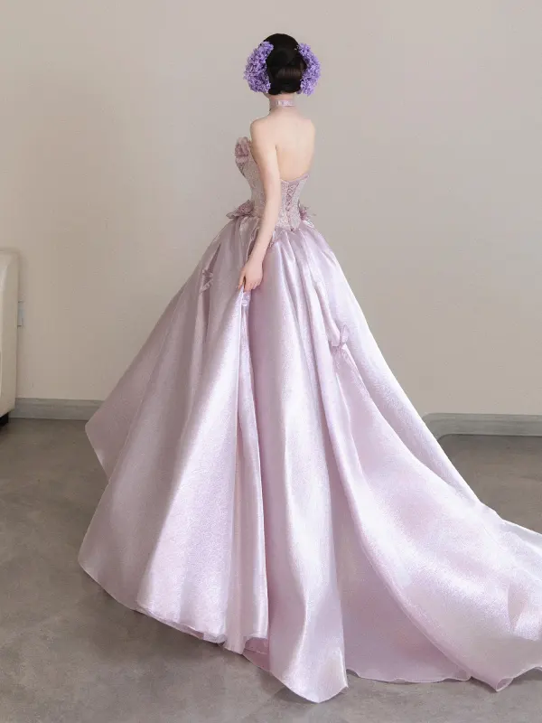 Lovely Blushing Pink Lace Flower Appliques Prom Dresses 2026 Ball Gown Strapless Sleeveless Backless Sweep Train Formal Dresses