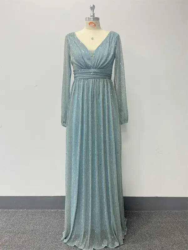 Bling Bling Pool Blue Sequins Evening Dresses 2024 A-Line / Princess V-Neck Long Sleeve Backless Floor-Length / Long Evening Party Formal Dresses