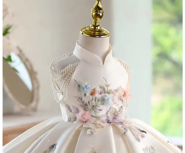 Vintage / Retro Ivory Appliques Beading Pearl Sequins Birthday Flower Girl Dresses 2026 Ball Gown Sleeveless Backless Short