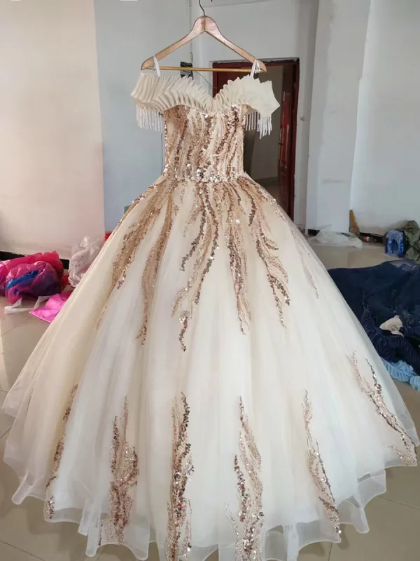 High-end Sky Blue Beading Pearl Sequins Tassel Prom Dresses 2026 Ball Gown Off-The-Shoulder Sleeveless Backless Floor-Length / Long Formal Dresses