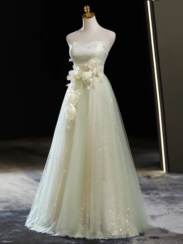 Chic / Beautiful Sage Green Sequins Appliques Prom Dresses 2024 A-Line / Princess Strapless Sleeveless Backless Bow Floor-Length / Long Prom Formal Dresses