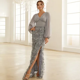 Chic Belle Gris Perlage Paillettes Gland Vacances Robe De Soirée 2022 Trompette Sirène V Cou Manches Longues Fendue Devant Longue Robe De Ceremonie