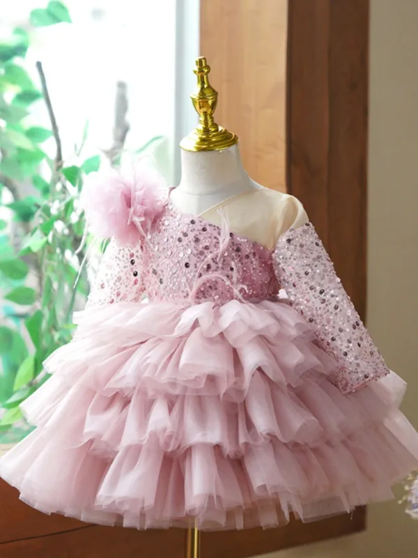 Charmant Rougissant Rose Courte Paillettes Volants en Cascade Anniversaire Robe Ceremonie Fille 2023 Robe Boule V-Cou 3/4 Manches Dos Nu