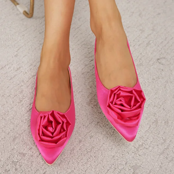Modest / Simple Candy Pink Casual Flower Flat Womens Shoes 2023 Satin Pointed Toe Womens Shoes