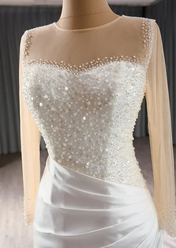 High-end Elegant White Pearl Sequins Satin Wedding Dresses 2024 Trumpet / Mermaid Scoop Neck Long Sleeve Floor-Length / Long Wedding