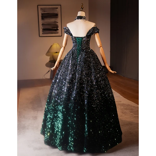 Sparkly Black Gradient-Color Sequins Prom Dresses 2024 Ball Gown Off-The-Shoulder Sleeveless Backless Floor-Length / Long Prom Formal Dresses