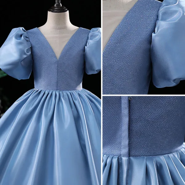 Chic / Belle Bleu Paillettes Soirée Robe Ceremonie Fille 2022 Robe Boule Satin Encolure Carrée Gonflée Manches Courtes Dos Nu Longue Robe Ceremonie Fille
