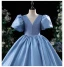 Modest / Simple Ocean Blue Birthday Flower Girl Dresses 2024 Ball Gown V-Neck Puffy Short Sleeve Backless Floor-Length / Long