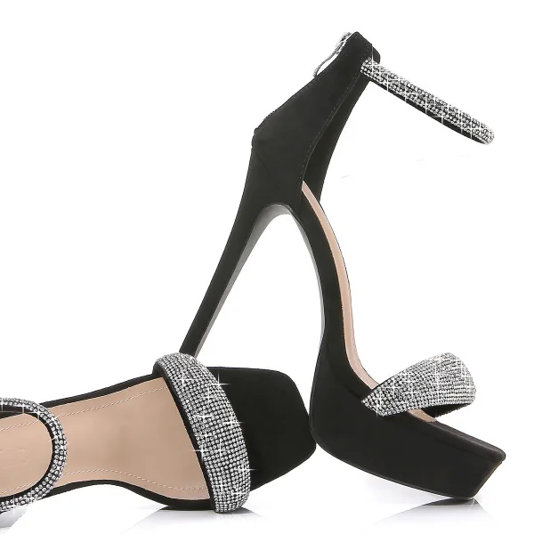 Charmant Noire Été Soirée Sandales Femme 2022 Faux Diamant Bride Cheville 12 cm Talons Aiguilles Peep Toes / Bout Ouvert Sandales Talons Hauts