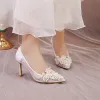 Chic / Beautiful White Pearl Rhinestone Lace Flower Wedding Shoes 2023 8 cm Stiletto Heels Pointed Toe Wedding Pumps High Heels