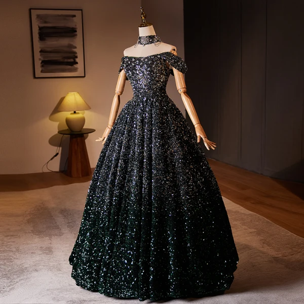 Sparkly Black Gradient-Color Sequins Prom Dresses 2024 Ball Gown Off-The-Shoulder Sleeveless Backless Floor-Length / Long Prom Formal Dresses
