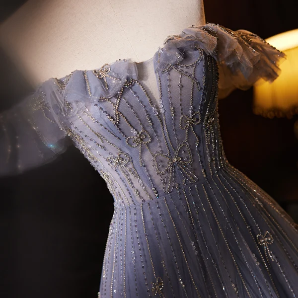 High-end Charming Lavender Beading Rhinestone Prom Dresses 2023 A-Line / Princess Off-The-Shoulder Sleeveless Backless Floor-Length / Long Formal Dresses