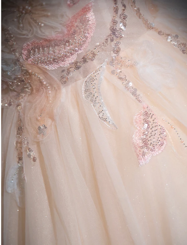 Chic / Beautiful Champagne Beading Sequins Lace Flower Prom Dresses 2024 Ball Gown Off-The-Shoulder Sleeveless Backless Floor-Length / Long Prom Formal Dresses
