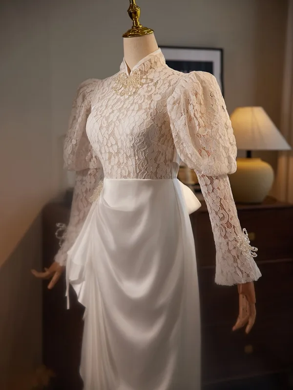 Vintage / Retro Ivory Beading Pearl Lace Flower Satin Engagement Wedding Dresses 2025 Trumpet / Mermaid High Neck Long Sleeve Backless Bow Tea-length