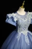 Elegant Sky Blue Beading Lace Flower Prom Dresses 2023 Ball Gown Scoop Neck Puffy Short Sleeve Backless Floor-Length / Long Prom Formal Dresses