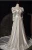 Vintage / Retro Medieval White Beading Pearl Lace Flower Satin Wedding Dresses 2024 A-Line / Princess High Neck 3/4 Sleeve Sweep Train Wedding