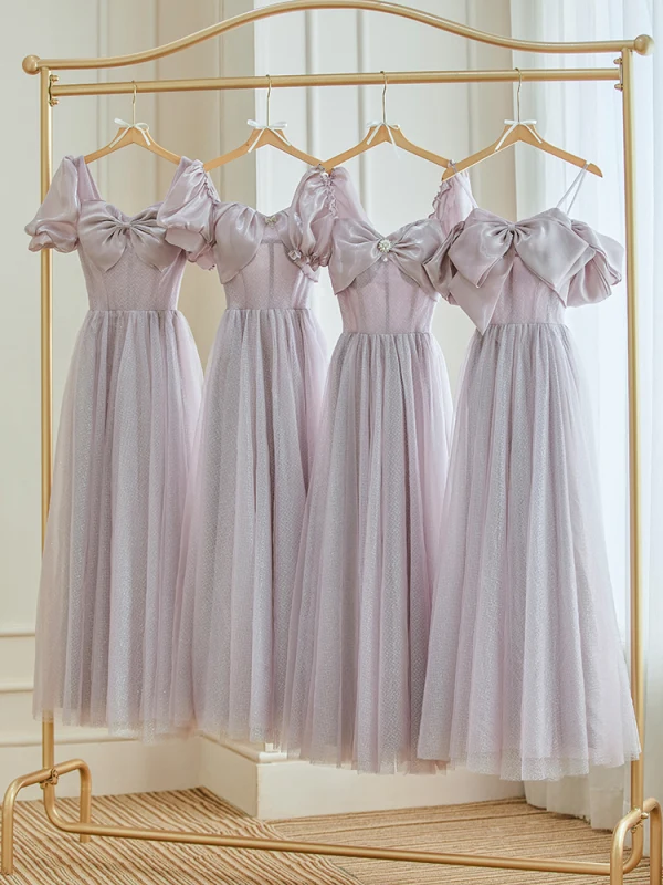 Modest Simple Lavender Bridesmaid Dresses 2023 A-Line Princess Square Neckline Bow Puffy